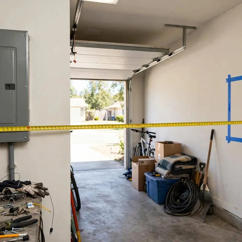 Example photo of a garage with a tape measure from the panel to the charger spot