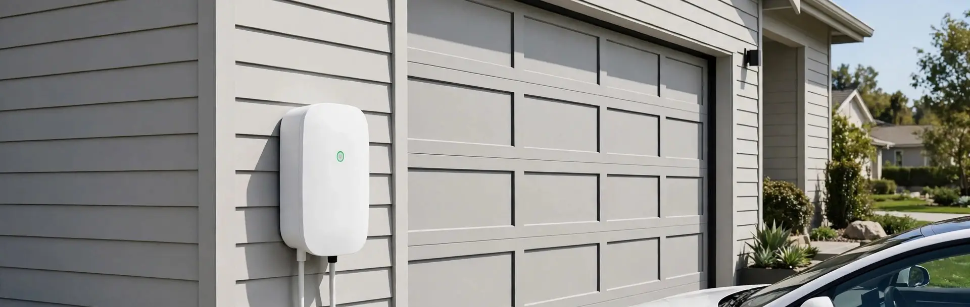 Wall-mounted EV charger beside a garage door