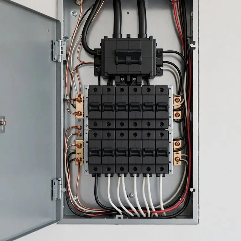 Example photo of a main electrical panel with breakers visible