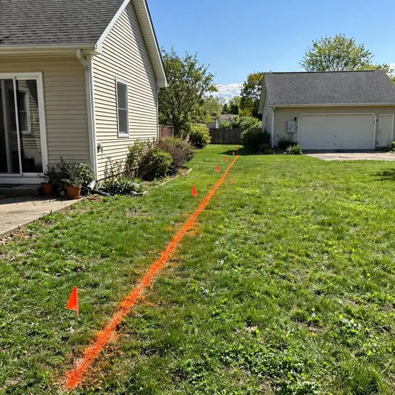 Example photo of a marked trench route across a lawn to a detached garage